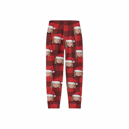 Custom Face Red Plaid Christmas Hat Sleepwear Personalized Women's&Men's Slumber Party Long Pajama Pants