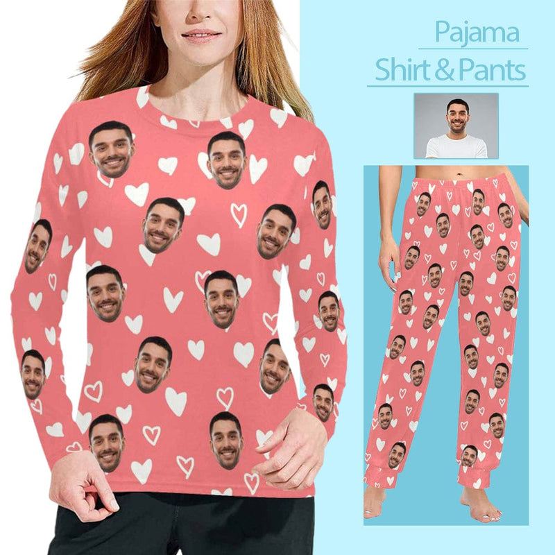 Custom Face Women's Long Pajama Shirt&Pant Personalized White Heart Pink Sleepwear