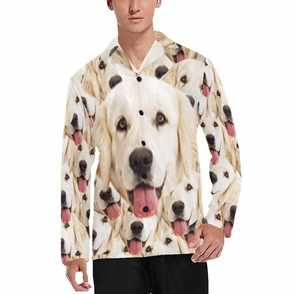 Pajama Shirt&Pajama Pants-Custom Face Pajamas Pet Dog Sleepwear Personalized Photo Men's V-Neck Long Pajama Set