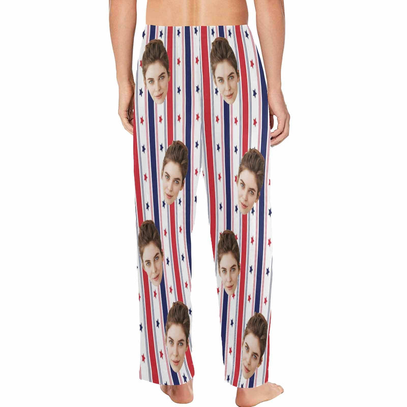 Pajama Shirt&Pajama Pants-Custom Face Pajamas USA Flag Men's Sleepwear Personalized Photo Men's V-Neck Long Sleeve Pajama Set