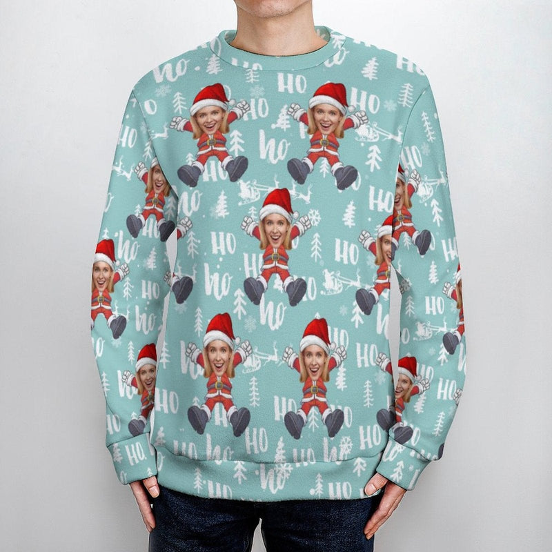 Custom Face Ugly Sweater Ho Ho Ho Santa Hat Round Neck Sweater for Christmas