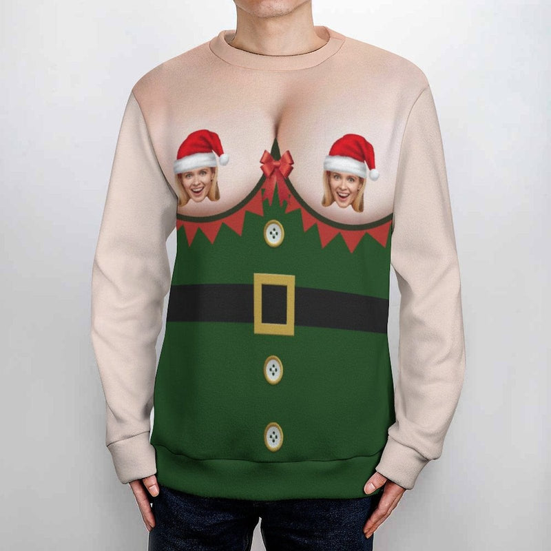 Custom Face Ugly Sweater Santa Hat Green Round Neck Sweater for Christmas