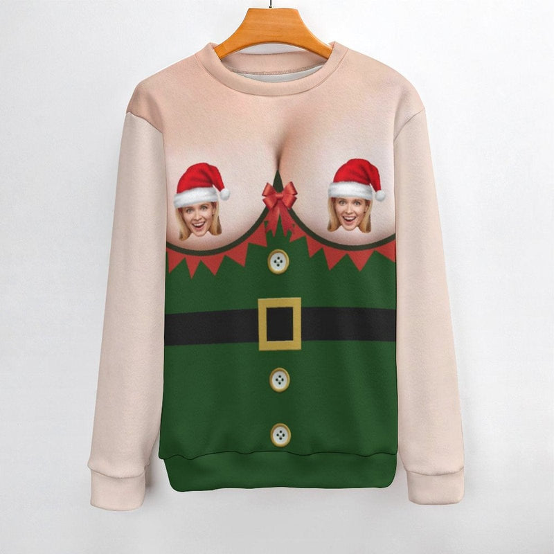 Custom Face Ugly Sweater Santa Hat Green Round Neck Sweater for Christmas