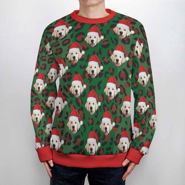 Custom Pet Face Round Neck Sweater for Men Christmas Red Hat Leopard Long Sleeve Lightweight Sweater Tops Custom Ugly Christmas Sweater