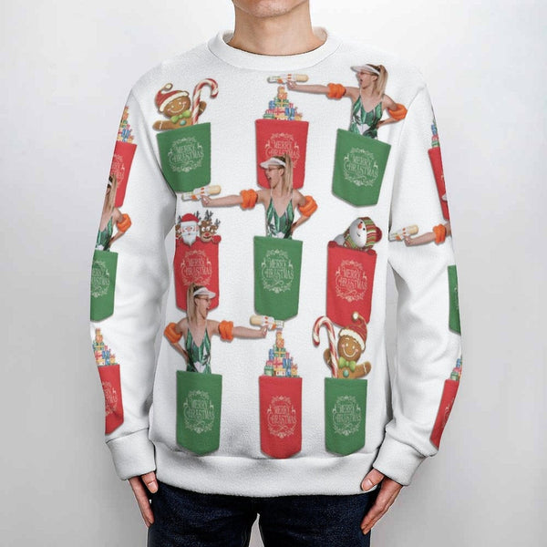Custom Photo Ugly Christmas Sweater Round Neck Sweater for Men Christmas Castle Doll Long Sleeve Lightweight Sweater Tops Personalized Ugly Sweater With Photo