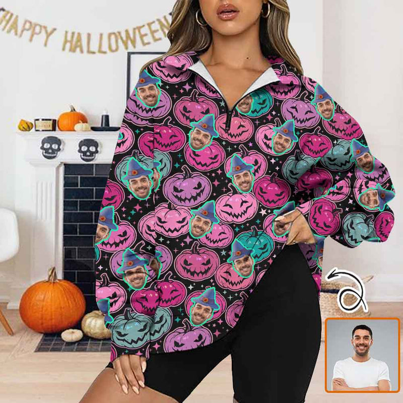 Custom Face Halloween Print Women's Quarter Zip Pullover Sweatshirt