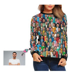 Custom Boyfriend Face Crowd Women's Casual Crew Neck Sweatshirt Personalized Long Sleeve Loose Sweatshirt, Best Gift For Her