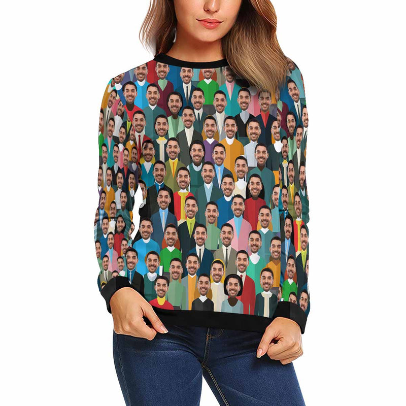 Custom Boyfriend Face Crowd Women's Casual Crew Neck Sweatshirt Personalized Long Sleeve Loose Sweatshirt, Best Gift For Her