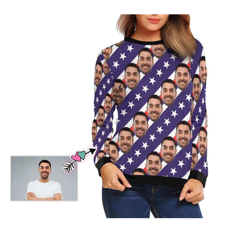 Custom Boyfriend Face Star Stripes Women's Casual Crewneck Sweatshirt Personalized Long Sleeve Loose Sweatshirt