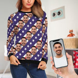 Custom Boyfriend Face Star Stripes Women's Casual Crewneck Sweatshirt Personalized Long Sleeve Loose Sweatshirt
