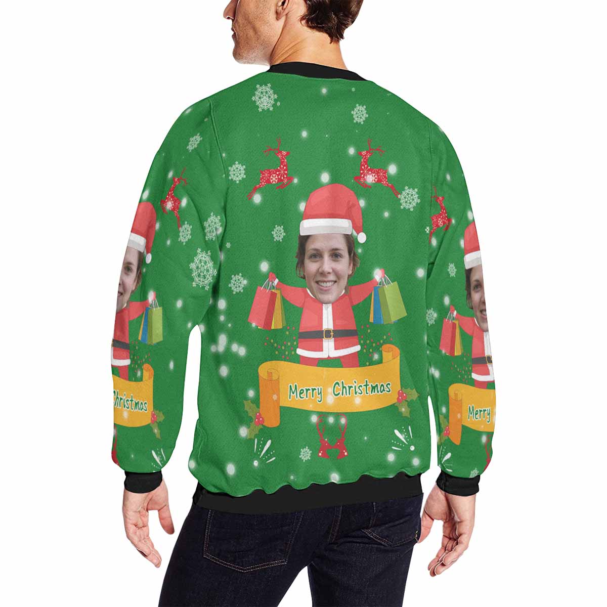 Personalized Face Elk Snowflake Green Ugly Men's Christmas Sweatshirts, Gift For Christmas Custom face Sweatshirt, Ugly Couple Sweatshirts