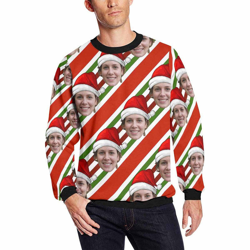 Personalized Face Christmas Stripes Ugly Men's Christmas Sweatshirts, Gift For Christmas Custom face Sweatshirt, Ugly Couple Sweatshirts