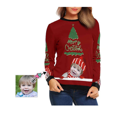 Personalized Face Christmas Tree Scarf Ugly Women's Christmas Sweatshirts, Gift For Christmas Custom face Sweatshirt, Ugly Couple Sweatshirts