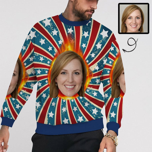 Custom Face Flag Loose Sweatshirt Personalized Face All Over Print Crewneck Loose Sweatshirt
