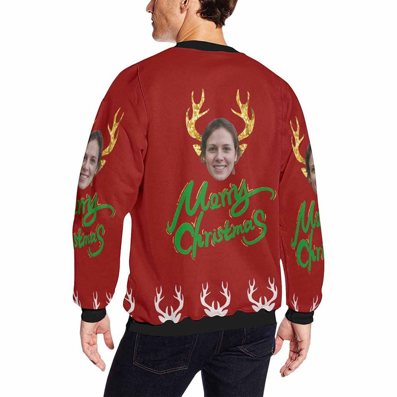 Personalized Face Antlers Christmas Red Ugly Men's Christmas Sweatshirts, Gift For Christmas Custom face Sweatshirt, Ugly Couple Sweatshirts