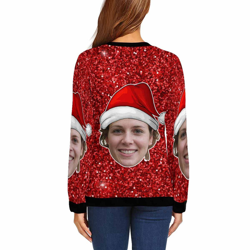Personalized Face Shiny Red Christmas Ugly Women's Christmas Sweatshirts, Gift For Christmas Custom face Sweatshirt, Ugly Couple Sweatshirts