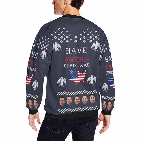 Personalized Face US Flag Christmas Ugly Men's Christmas Sweatshirts, Gift For Christmas Custom face Sweatshirt, Ugly Couple Sweatshirts
