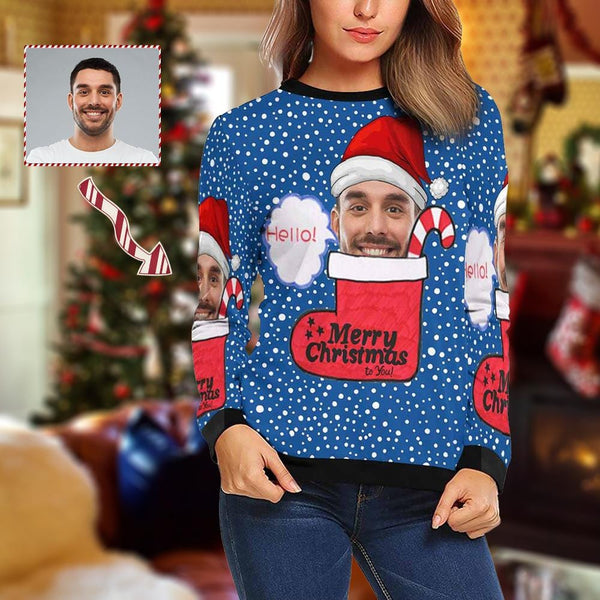 Personalized Face Christmas Stocking Ugly Women's Christmas Sweatshirts, Gift For Christmas Custom face Sweatshirt, Ugly Couple Sweatshirts