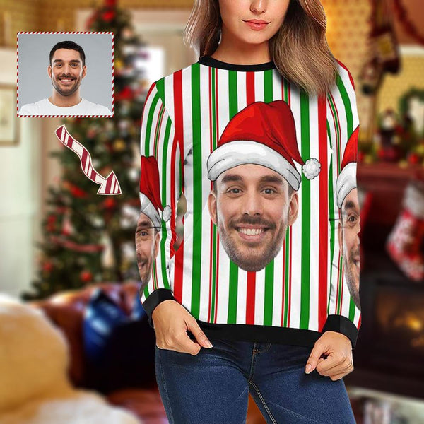 Personalized Face Christmas Stripes Ugly Women's Christmas Sweatshirts, Gift For Christmas Custom face Sweatshirt, Ugly Couple Sweatshirts