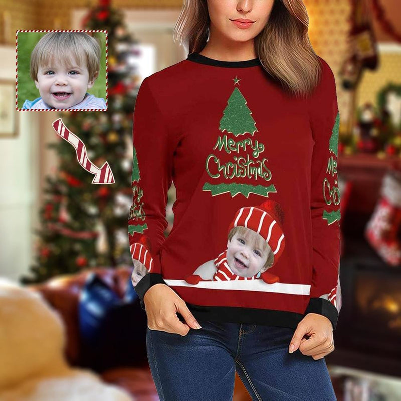 Personalized Face Christmas Tree Scarf Ugly Women's Christmas Sweatshirts, Gift For Christmas Custom face Sweatshirt, Ugly Couple Sweatshirts