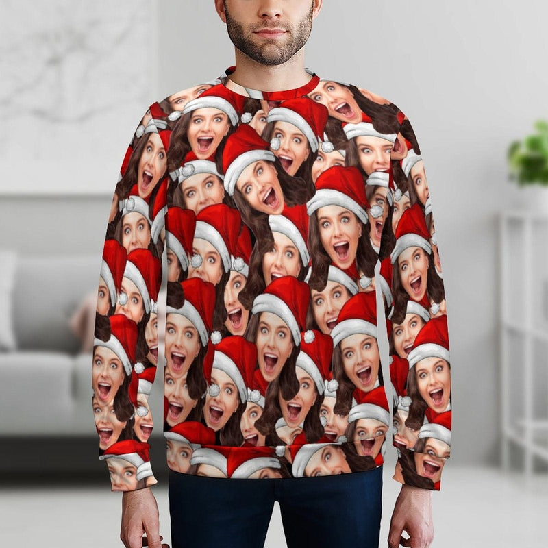 Personalized Seamless Face Christmas Red Hat Ugly Men's Christmas Sweatshirts, Gift For Christmas Custom face Sweatshirt, Ugly Couple Sweatshirts
