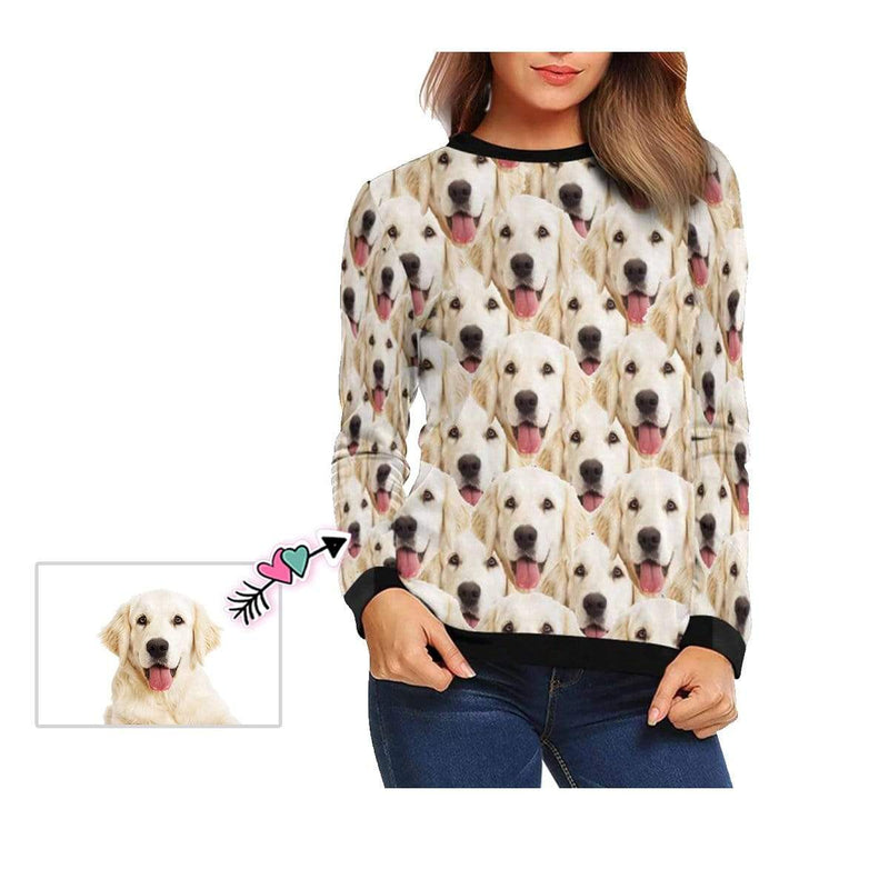 Custom Seamless Face Pet Dog Women's Casual Crew Neck Sweatshirt Personalized Long Sleeve Loose Sweatshirt, Best Gift For Her
