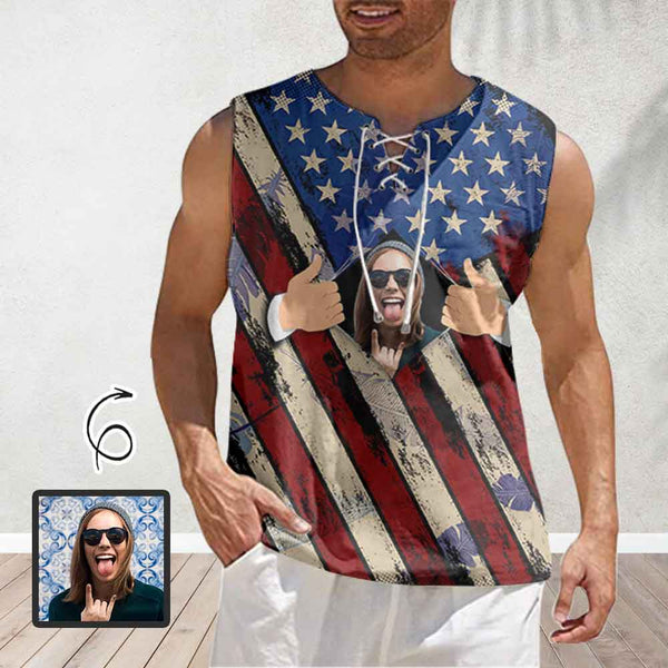 Custom Face American Flag Style Men Lace Up Front Tank Top Mens Printing Digital 3D Printing With Sleeveless Top T Shirt Vest
