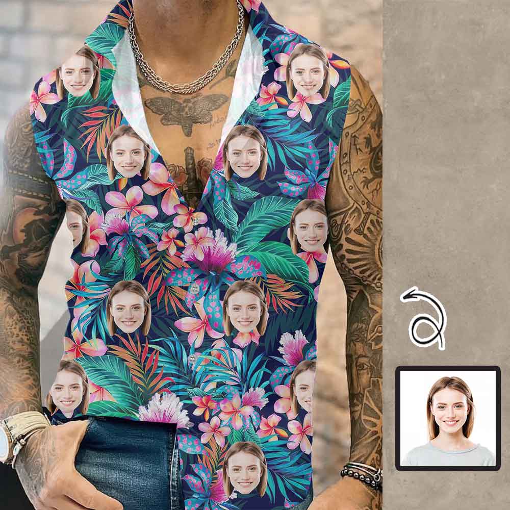 Custom Face Tropical Leaves Mens Sleeveless Button Down Shirts Summer Beach Basic Hawaiian Shirts Clothing