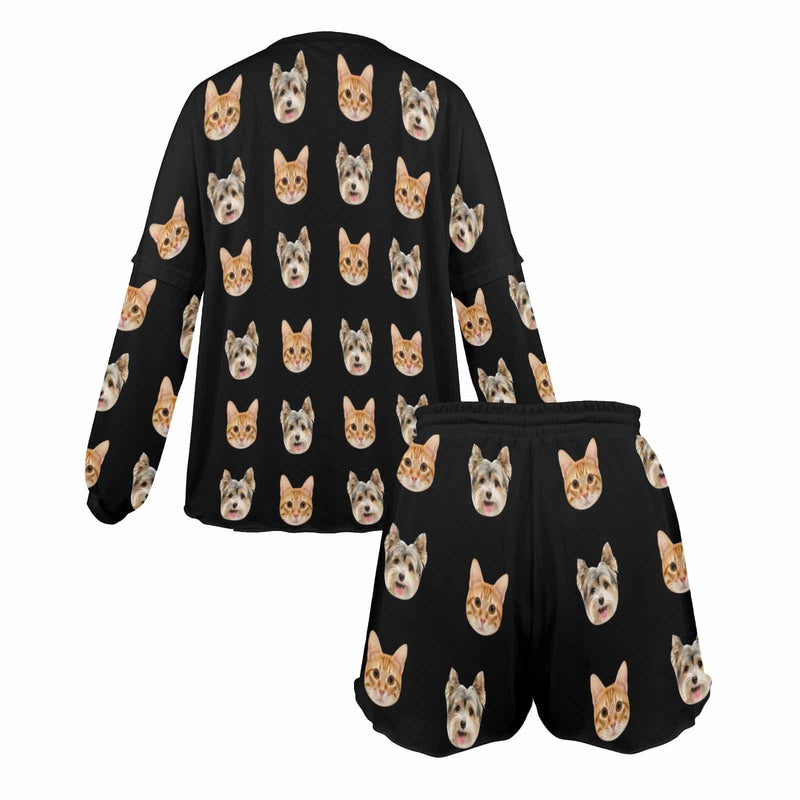 Custom Pet Face Women's Pajama Set Long Sleeve Top and Shorts Personalized Loungewear Tracksuits